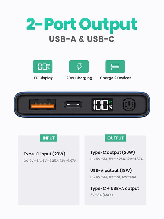 TOPK Power Bank Przenośna Ładowarka 10000 mAh USB C PD 20W , PD&QC 3.0 Szybkie ładowanie Battery Pack Kompatybilny z iPhone 13/13 Mini/13 Pro/13 Pro Max Samsung S20 Google LG iPad