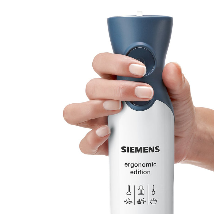 Siemens MQ66120 ergonomiczny blender ręczny z podstawką ze stali nierdzewnej, 600 W, niebieski, biały