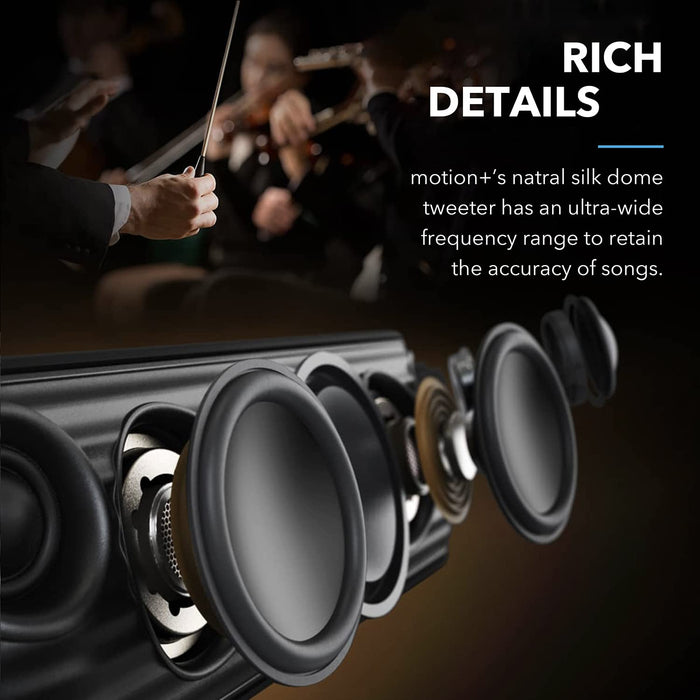 Soundcore Motion+ bezprzewodowy głośnik Bluetooth wysokiej jakości 30 W, rozszerzony bas i wysokie tony, z aplikacją, możliwość dostosowania EQ, 12-godzinny czas odtwarzania, wodoodporność IPX7, złącze USB-C