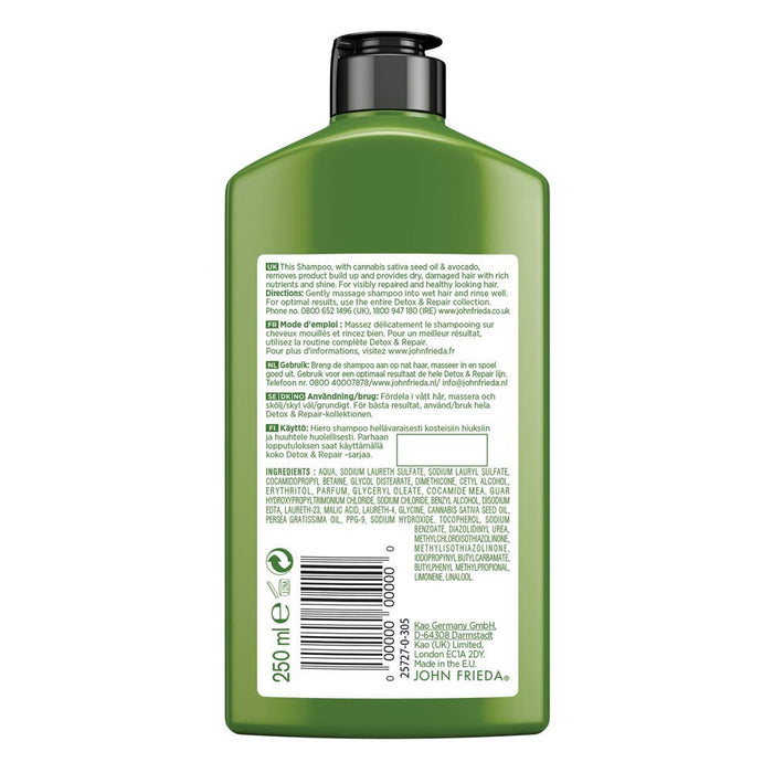 John Frieda Detox & Repair szampon do suchych, zniszczonych i uszkodzonych włosów, z olejkiem z awokado i zieloną herbatą, 250 ml
