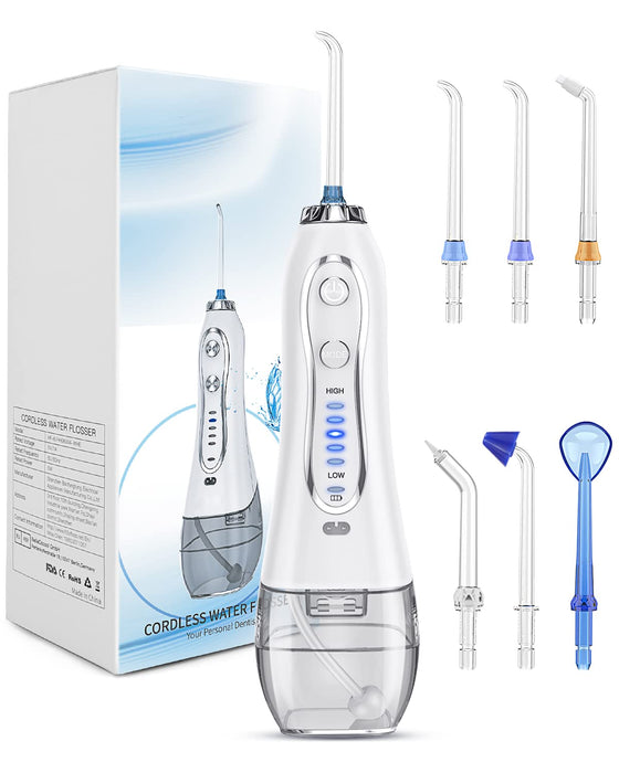 BESTOPE Elektryczna myjka do zębów z 5 trybami i 8 dyszami, bezprzewodowa, do mycia jamy ustnej, wodoszczelność IPX7, ładowanie przez USB, 300 ml, irygator oralny, do domu w podróży