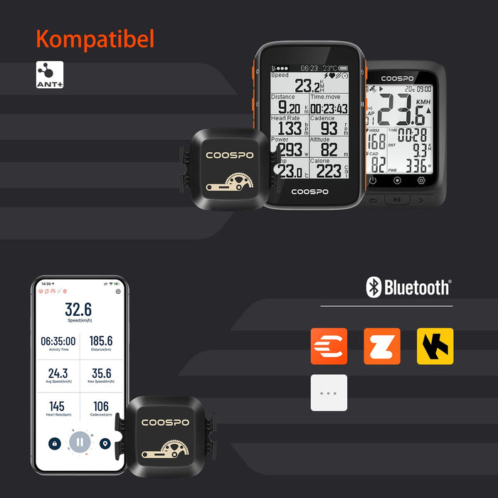 COOSPO Czujnik prędkości roweru i czujnik częstotliwości pedałowania, Bluetooth ANT+, czujnik prędkości Cadence Speed Sensor IP67, wodoszczelny, kompatybilny z komputerem rowerowym, Zwift, Rouvy, Kinomap i innymi