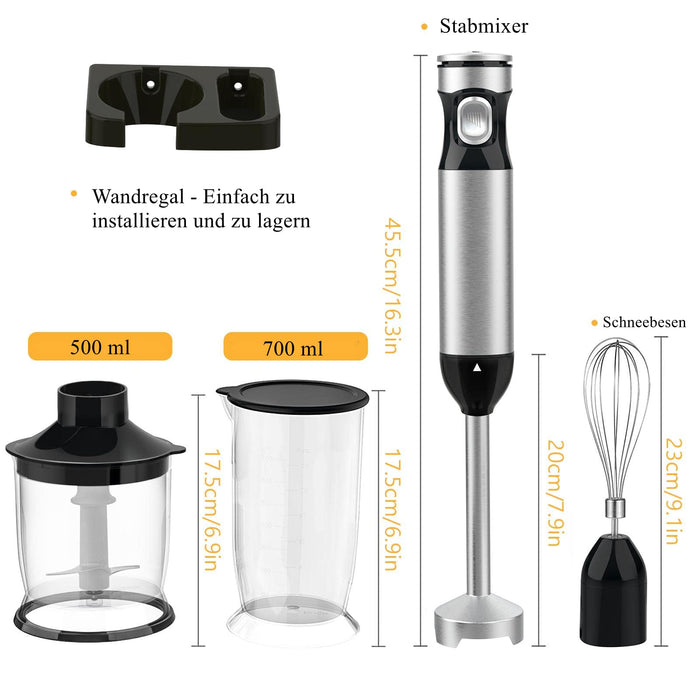 Blender ręczny ze stali nierdzewnej, 1000 W, 4 w 1, wielofunkcyjny, bezstopniowa prędkość, 4 łopatki noża, 700 ml, kubek z miarką, mikser elektryczny rozdrabniacz