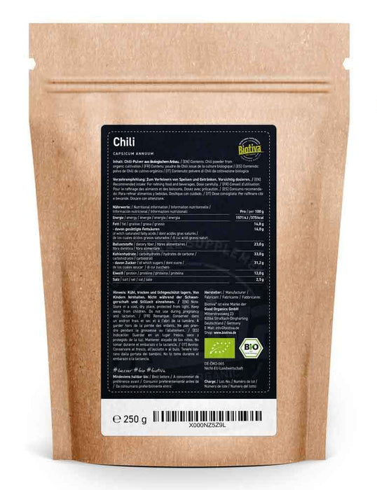 Chili Organic Ground - pieprz cayenne 250g - drobno zmielony proszek (cayenne, Capsicum cayennense) - ognista gorąca chili w proszku - butelkowana i kontrolowana w Niemczech (DE-ÖKO-005