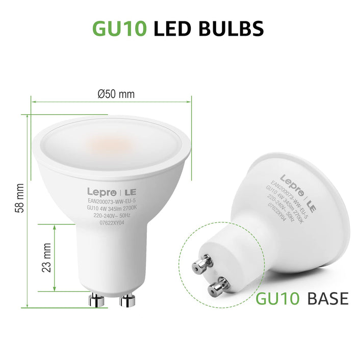 LE Żarówki LED GU10, ciepła biel, żarówki LED 2700 K, 4 W, energooszczędne żarówki GU10, odpowiednik reflektora halogenowego 32 W, 345 lm, kąt świecenia 100°, nieściemnialne, AC 220-240 V, 5 sztuk