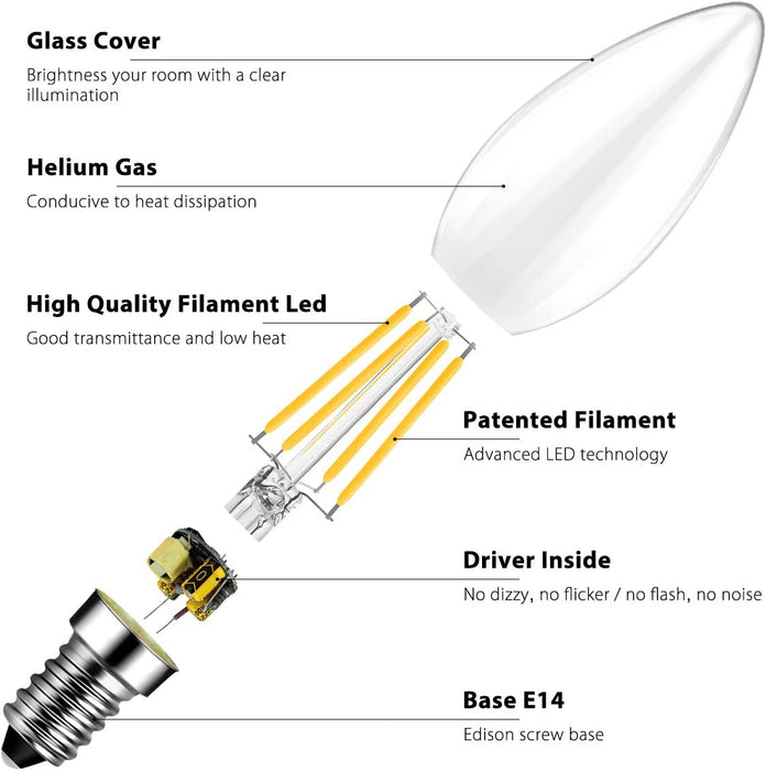 LVWIT Żarówka LED E14, E14, żarówka Retrofit Classic, 6 W, 806 lumenów, zastępuje 60 W, 2700 K, ciepła biel, filament lampy, szkło, nieściemnialne, 3 lata gwarancji (opakowanie 6 szt.)