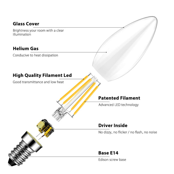 LVWIT Żarówka LED E14, E14, żarówka Retrofit Classic, 6 W, 806 lumenów, zastępuje 60 W, 2700 K, ciepła biel, filament lampy, szkło, nieściemnialne, 3 lata gwarancji (opakowanie 6 szt.)