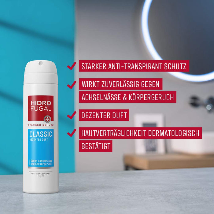 Hidrofugal Klasyczny spray (150 ml), silna ochrona antyperspirant o subtelnym zapachu, dezodorant w sprayu zapewnia niezawodną ochronę bez alkoholu etylowego