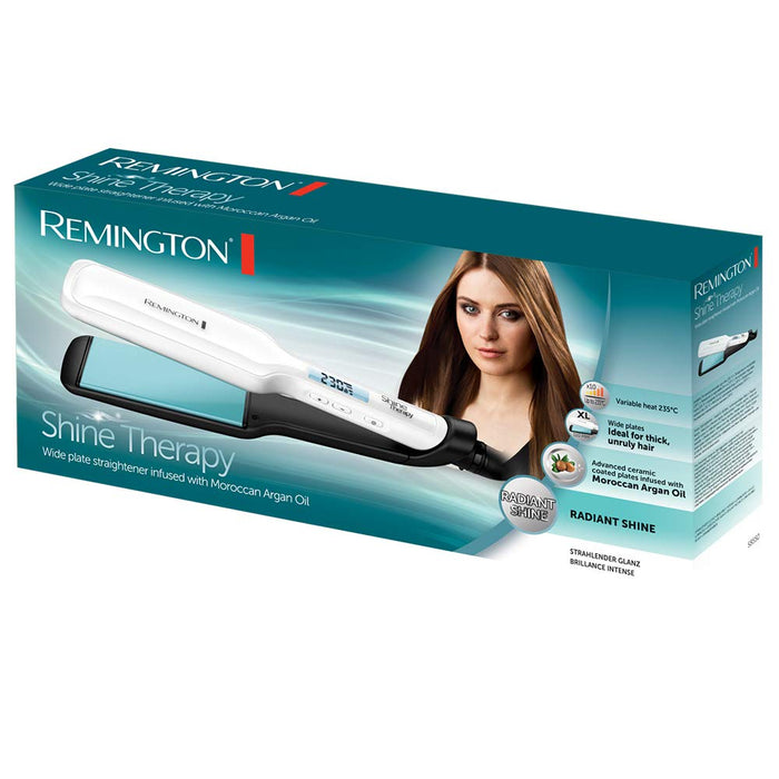 Remington prostownica do włosów, płytki ceramiczne z mikroodżywkami z marokańskim olejem, bardzo szerokie płytki, zakres temp. 150-235°C, ruchome płytki, obrotowy przewód, biała, Shine Therapy S8550