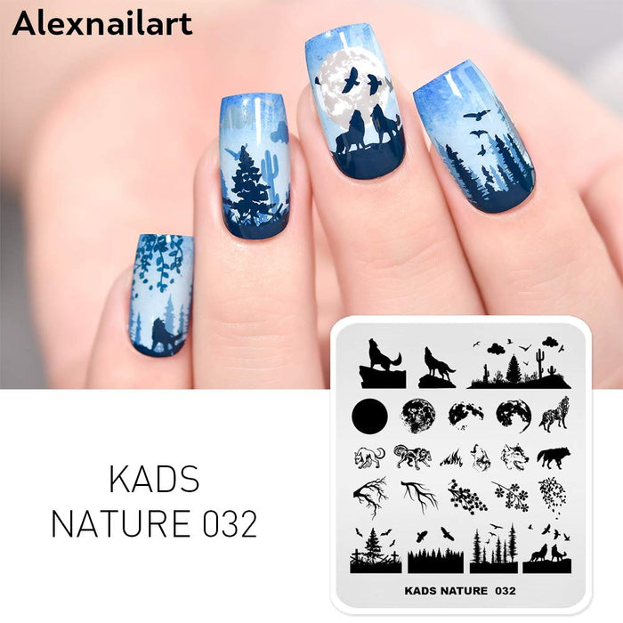 Alexnailart Nail Art szablony do stemplowania z naturalnym lasem wilk Moon Eagle gałąź wzór do manicure Nail Design DIY Nail Design lakier do paznokci Transfer narzędzia