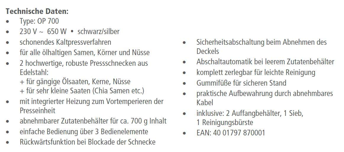 Rommelsbacher OP 700 Emilio elektryczna prasa olejowa, tworzywo sztuczne, czarna, srebrna
