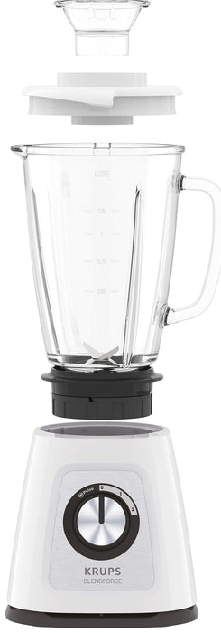 Krups KB4351 Blendforce+ mikser stojący; 800 W; szklany pojemnik o pojemności 1,75 l; 6 noży z technologią Powelix; 2 prędkości + puls; funkcja kruszenia lodu; technologia "Smart-Lock", kolor biały