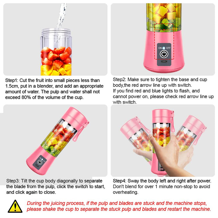 Ksera Przenośny blender, kubek do sokowirówki do smoothie, osobisty mini blender do smoothie, wstrząsów – sześć ostrzy, ładowana przez USB, ręczna sokowirówka do owoców (różowa)