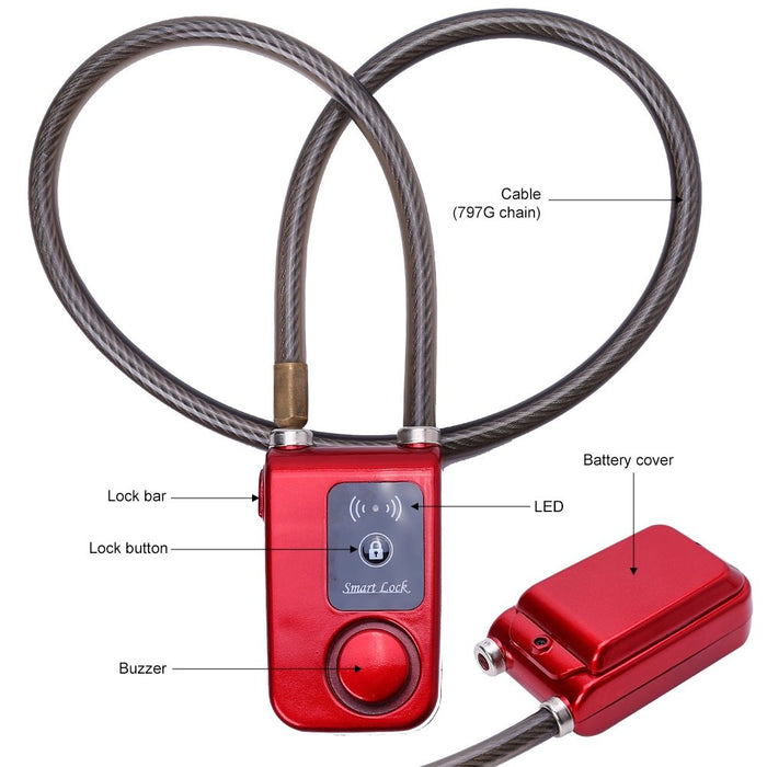 Inteligentne zapięcie rowerowe Bluetooth do roweru, zabezpieczenie przed kradzieżą, 110 dB, alarm wodoszczelny, blokada do smartfonów z systemem iOS i Android (kolor czerwony)