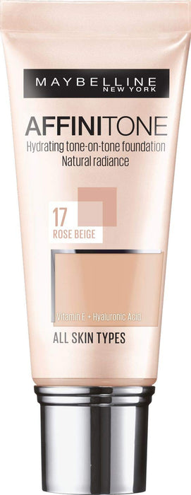 Maybelline New York Affinitone nawilżający podkład do twarzy w płynie z kwasem hialuronowym i witaminą E, fluid rozświetlający, bez efektu maski, 17 Rose Beige – beżowy róż, 30 ml