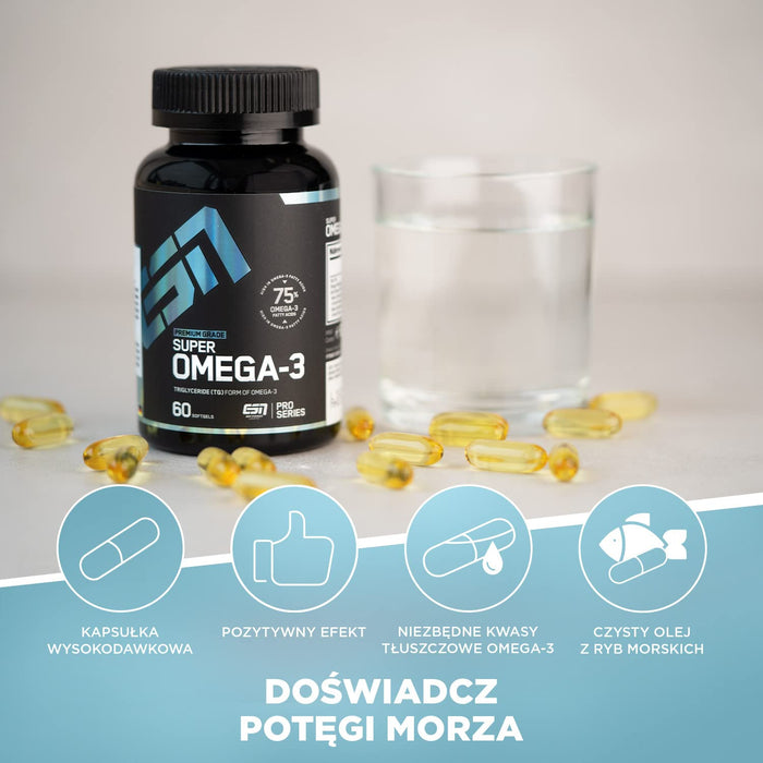 ESN Super Omega-3 - na 1000 mg czystego oleju z ryb morskich, który w 75% składa się z niezbędnych kwasów tłuszczowych omega-3 - 60 kapsułek