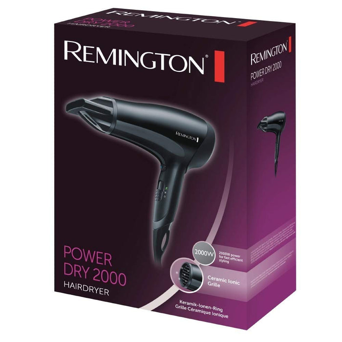 Remington suszarka do włosów z jonizacją, kompaktowa, funkcja Eco, 3 ust. nagrzewania i 2 ust. nawiewu, zimny nawiew, koncentrator, łatwa w czyszczeniu, moc 2000W, czarna, Power Dry D3010