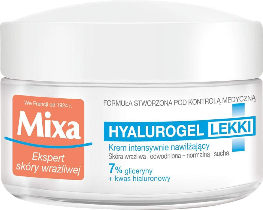 Mixa Hyalurogel lekki krem do twarzy z kwasem hialuronowym i gliceryną do skóry wrażliwej i odwodnionej, nawilżenie do 24 godzin, 50 ml
