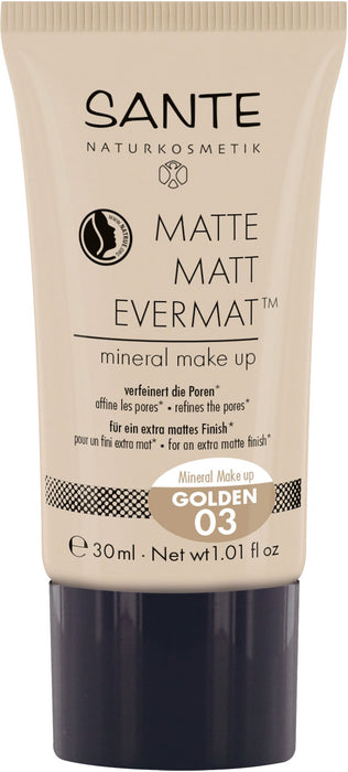 SANTE Naturkosmetik Matte Matt EvermatTM mineralny podkład 03 złoty, ciemniejszy odcień skóry, matowe wykończenie, wegański, naturalny makijaż, 30 ml