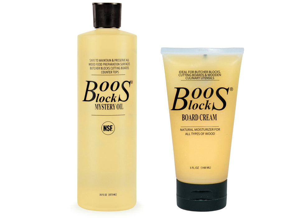 Boos Blocks® MYSCRM Mystery Oil krem do pielęgnacji twarzy i brody firmy John Boos, butelka 473 ml Mystery Oil (olej do drewna) i tubka 148 ml (olej do drewna z woskiem pszczelim)