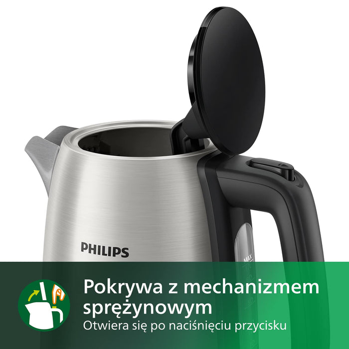 Philips Czajnik elektryczny - 1,7 l, Pokrywka z mechanizmem sprężynowym, Wskaźnik świetlny, Stal szlachetna, Obrotowa podstawa (HD9350/90)