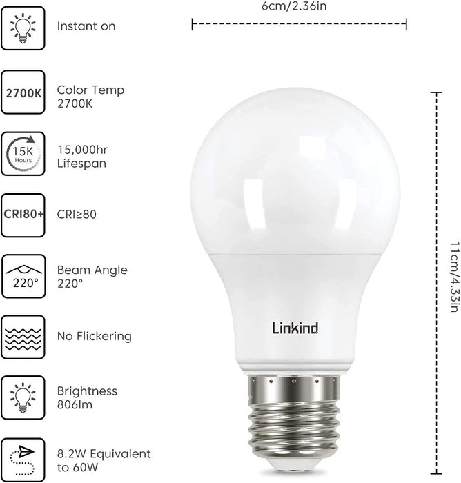 Linkind 8,2 W żarówka LED, zamiennik żarówki 60 W, E27 2700 K, ciepła biel, 806 lm kąt świecenia 200°, ErP, certyfikat CE, opakowanie 6 sztuk