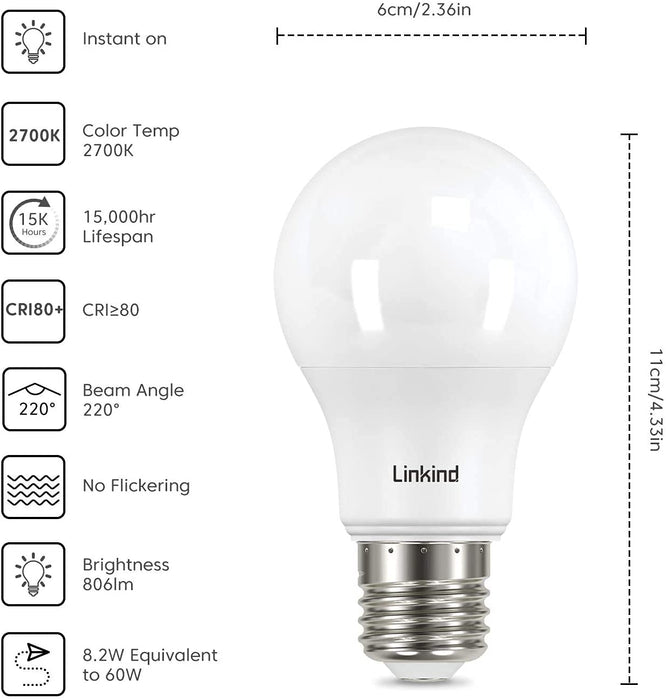 Linkind 8,2 W żarówka LED, zamiennik żarówki 60 W, E27 2700 K, ciepła biel, 806 lm kąt świecenia 200°, ErP, certyfikat CE, opakowanie 6 sztuk