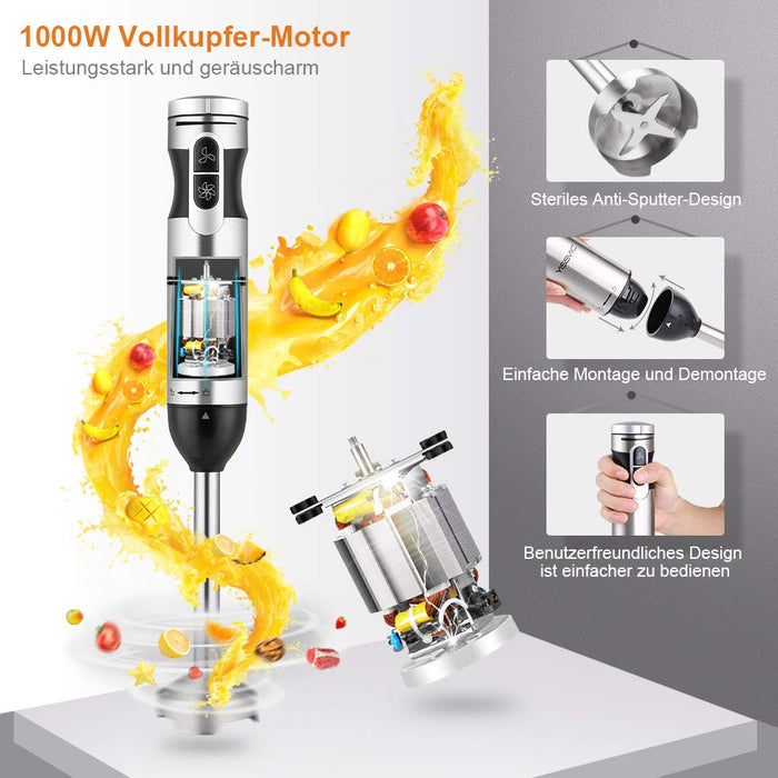 YISSVIC Blender ręczny 1000 W, 4 w 1, blender elektryczny, 9 prędkości z kubkiem pomiarowym 700 ml, 500 ml, rozdrabniacz, czarny