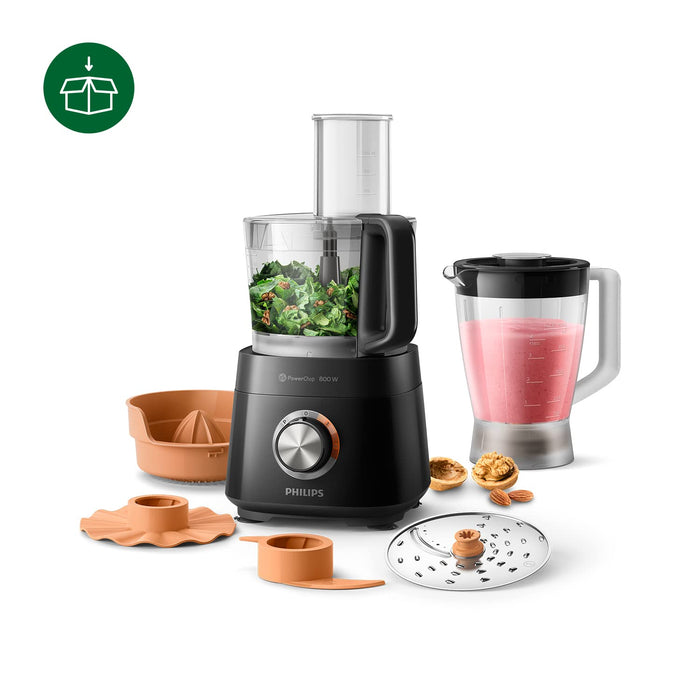 Philips Kompaktowy robot kuchenny oraz blender - 800 W, 29 funkcji, Pojemnik 2,1 l, Technologia PowerChop, Ostrze ze stali szlachetnej (HR7510/10)