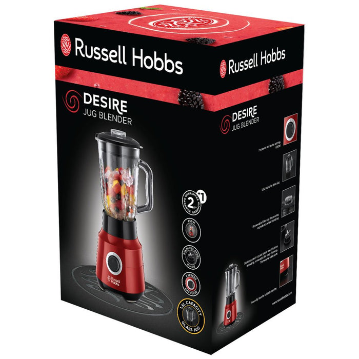 Russell Hobbs blender, blender kielichowy, skokowa regulacja obrotów, ostrza ze stali nierdzewnej, szklany kielich, 22 tyś. obrotów/min., pojemność 1,5l, moc 650W, czerwony, Desire 24720-56
