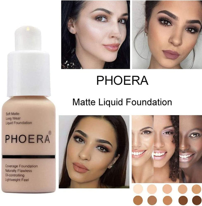 Glamza Phoera Foundation pełny zestaw do makijażu, długotrwała kontrola oleju, miękki, gładki, matowy, nieskazitelny korektor kremowy, z 3 podkładami 30 ml i silikonową gąbką mieszającą (103 ciepły brzoskwiniowy)