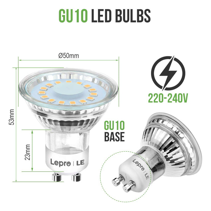 Lepro Żarówki LED GU10, ciepła biel żarówka LED GU10 4W (= 50W żarówka halogenowa), Reflektor LED 350lm 2700K, wiązka 120°, 10 Sztuk