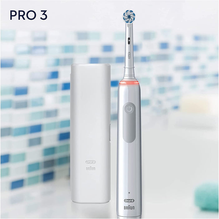 Oral-B PRO 3 3500 elektryczna szczoteczka do zębów, z 3 trybami czyszczenia i wizualną kontrolą docisku 360° do pielęgnacji zębów, etui podróżne, prezent dla niej / niego, biała
