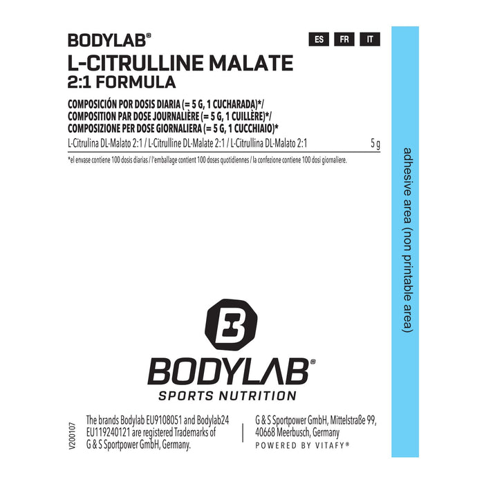Bodylab24 L-Citrulline Malate 500 g, 5 g L-Citrullin malat na dawkę dzienną, formuła z cytryną i malatem w stosunku 2:1, idealna do intensywnych treningów, neutralna smakowo