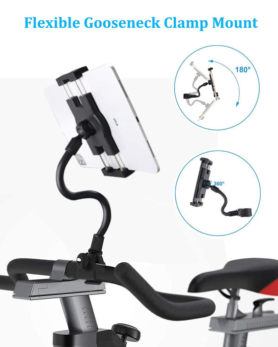 Gooseneck uchwyt na tablet do roweru spinningowego, woleyi uchwyt na tablet do ćwiczeń na rowerze, do użytku wewnątrz na siłownię, stojak na tablet do iPada Pro 12,9 Air Mini, Galaxy Tabs, iPhone More 4-13" telefon komórkowy i tablety