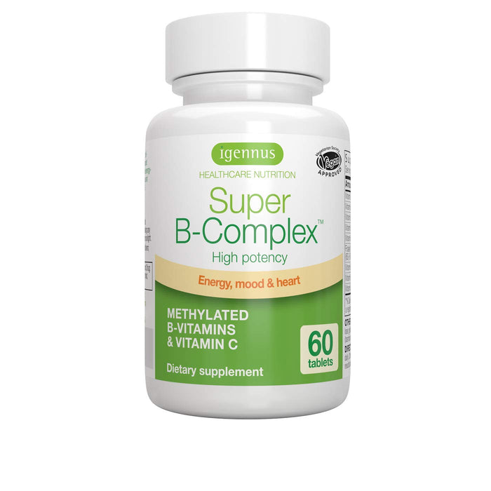 Super B-Complex – Kompleks metylowanych witamin B o wysokim stężeniu z folianem, B6 i B12 plus witamina C, wysoce przyswajalne i aktywne formy, 60 tabletek
