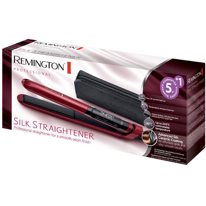 Remington prostownica do włosów, powłoka ceramiczna z proteinami jedwabiu, zakres temp. 150-235°C, funkcja Turbo, szybkie nagrzewanie, obrotowy przewód, eleganckie etui, czerwono-czarna, Silk S9600