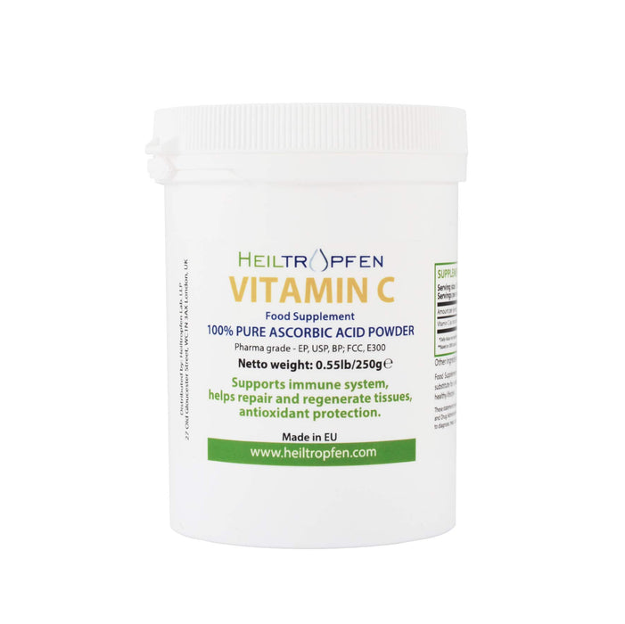 Czysty kwas askorbinowy drobnokrystaliczny proszek | 0,55 lb - 250 g | witamina C | jakość farmaceutyczna (Ph. Eur, USP, BP) | Heiltropfen®