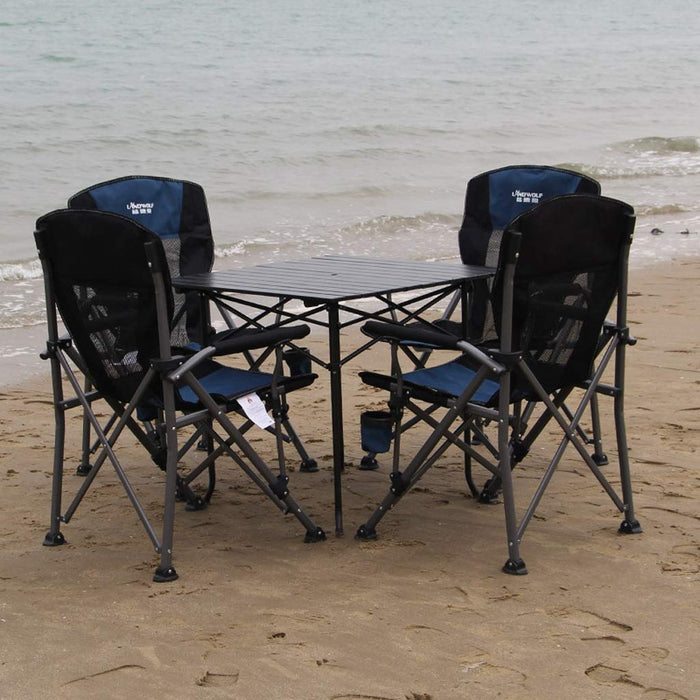 ZL 5-częściowy składany stół piknikowy na świeżym powietrzu i 4 krzesła z wysokim oparciem, podłokietnikami, składanym aluminiowym stołem kempingowym i stalowym krzesłem z otworem na parasol, wykorzystanie przestrzeni (kolor : niebieski)