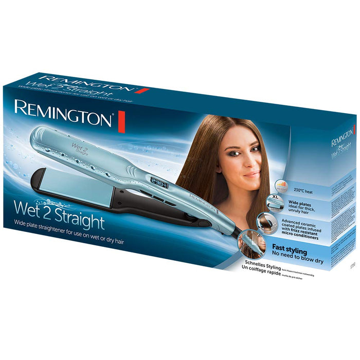 Remington prostownica do włosów, na suche i mokre włosy, otwory odparowują nadmiar wody z włosów, płytki z mikroodżywkami z marokańskim olejem, zakres temp. 140-230°C, błękitna, Wet2Straight S7350