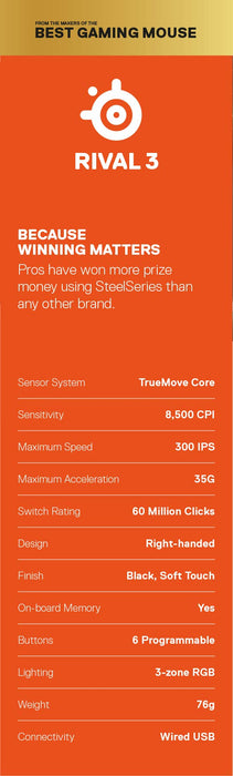 SteelSeries Rival 3 - Sensor Optyczny TrueMove Core 8 500 CPI - 6 Programowalnych Przycisków - Przyciski Split Trigger