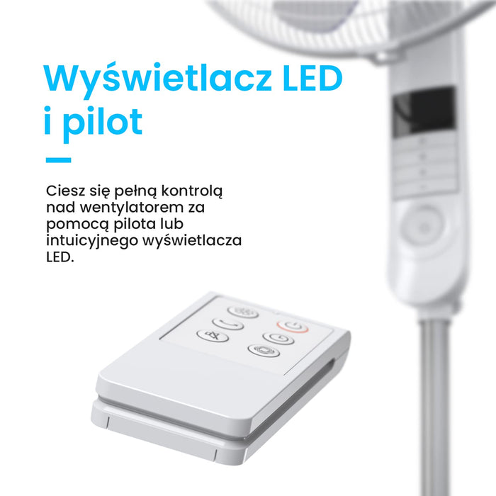 Pro Breeze Wentylator Stojący z Pilotem Zdalnego Sterowania, Domowy Duży Pionowy Cichy Chłodzący Wiatrak Podłogowy Średnica 40cm, z Wyświetlaczem LED Oscylacją 80° i Regulacją, Silnik 55W, 3 Poziomy Prędkości, 4 Tryby Pracy, Biały