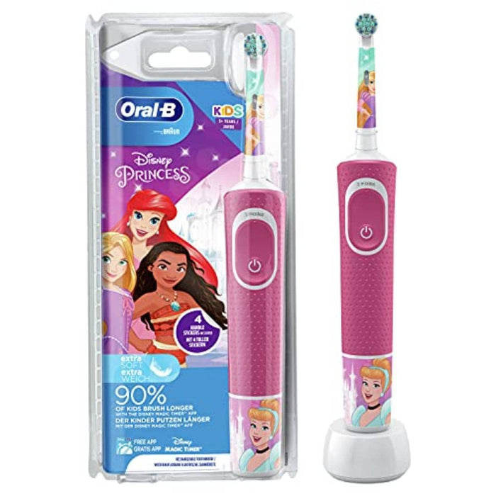 Oral-B Kids Prinzessin elektryczna szczoteczka do zębów dla dzieci od 3 lat, mała główka szczoteczki i miękkie włosie, 2 programy czyszczenia w tym Sensitiv, timer, 4 naklejki Disney, różowa