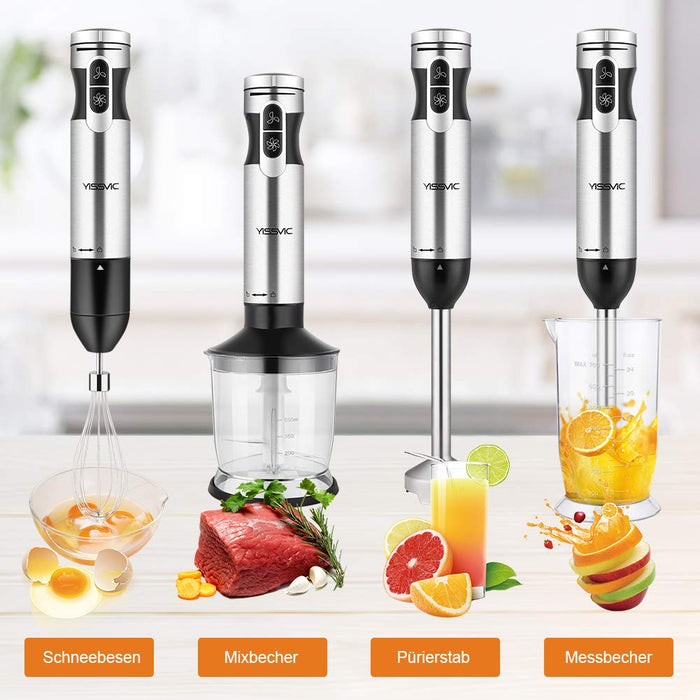YISSVIC Blender ręczny 1000 W, 4 w 1, blender elektryczny, 9 prędkości z kubkiem pomiarowym 700 ml, 500 ml, rozdrabniacz, czarny