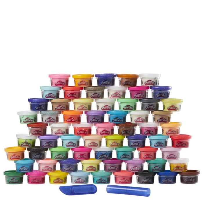 Kolorowa superkolekcja ciastoliny Play-Doh, zestaw 65 małych tub po 28 g nietoksycznej masy plastycznej, zawiera różne rodzaje ciastoliny: szafirową, błyszczącą, konfetti