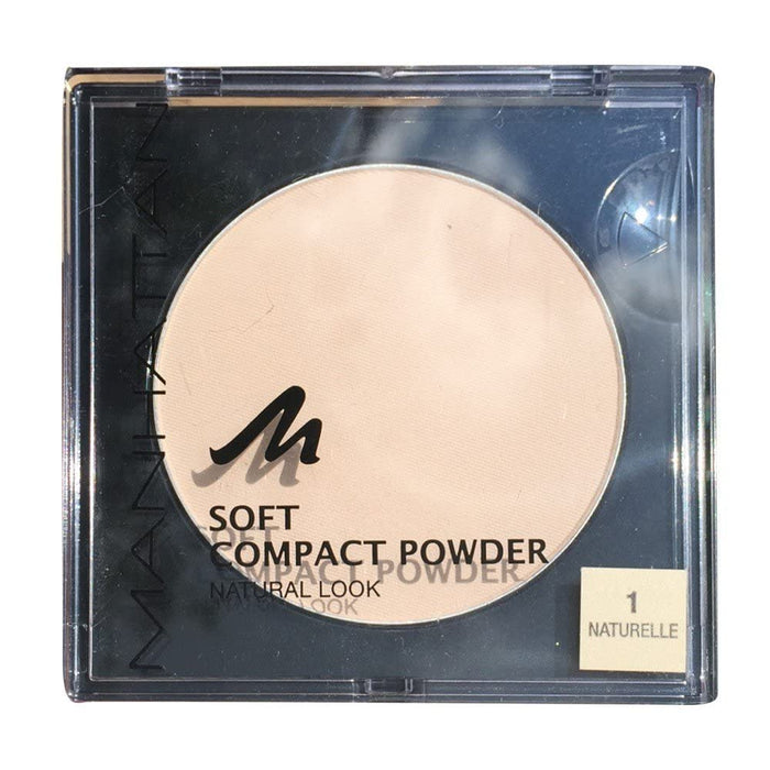 Manhattan Soft Compact Powder, jasny kompaktowy puder z frędzlami pudru dla matowej, równomiernej cery, kolor naturalny 1, 1 x 9 g