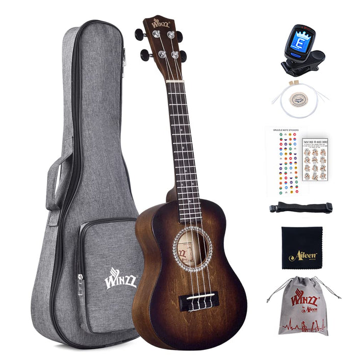 Winzz Ukulele koncertowe 58 cm, brązowe, zestaw ukulele dla początkujących i dzieci, jedyne w swoim rodzaju wzornictwo kolorystyczne