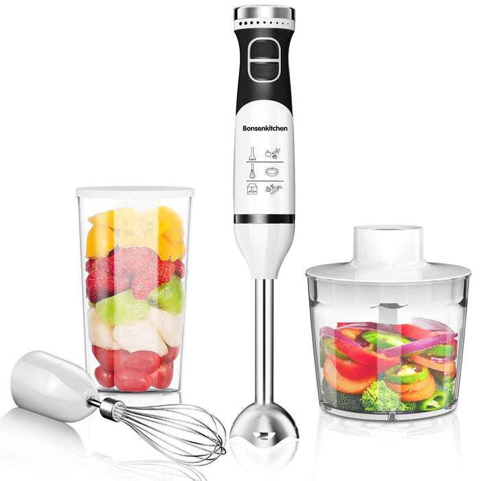 Bonsenkitchen Zestaw blendera ręcznego, 3 w 1, wysokowydajny elektryczny blender blender do 9 prędkości, regulowany mikser wielofunkcyjny z trzepaczką, rozdrabniaczem i kubkiem z miarką (HB8901)