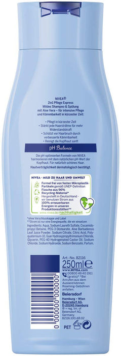 Nivea 2 w 1 Care Express łagodny szampon i odżywka (250 ml), intensywny szampon pielęgnujący z aloesem, szampon do włosów do pielęgnacji w mgnieniu oka