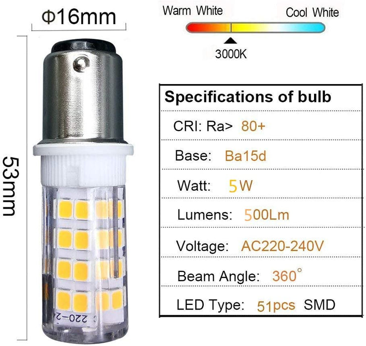 Ba15d żarówka LED do maszyny do szycia żarówka bagnetowa, AC220-240 V, ciepła biel, 3000 K, zamiennik halogenu 35 W, do maszyny do szycia (2 sztuki)
